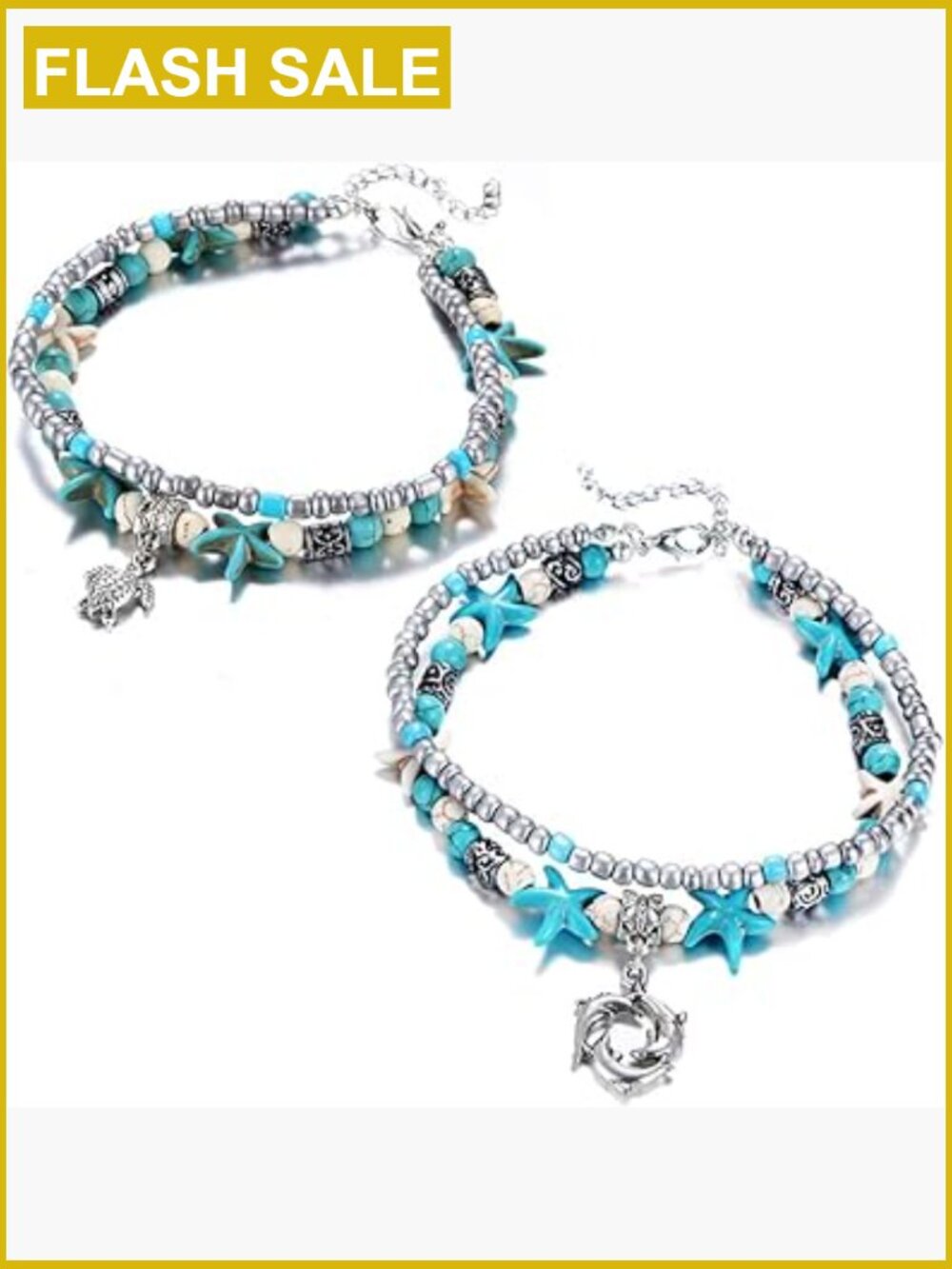 Multilayer Beaded Anklet Set - Beach Turquoise Ankle Bracelet